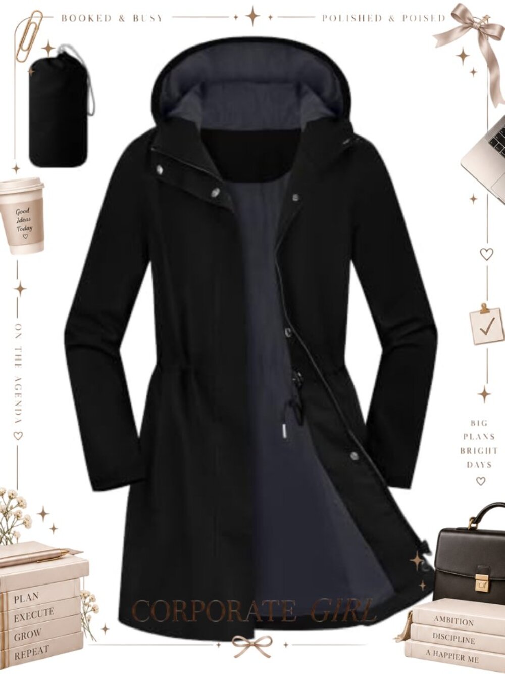 Women's Packable Waterproof Long Rain Jacket Hooded Windbreaker Coat